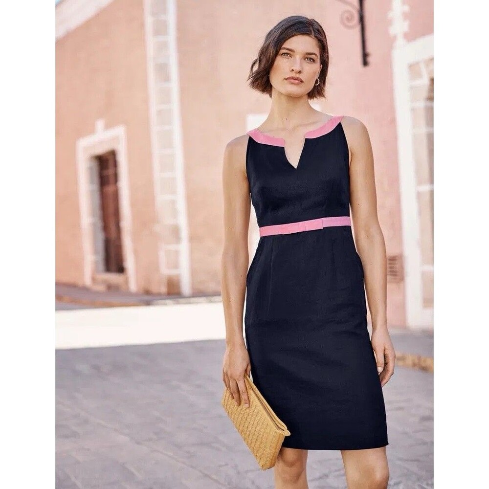 Boden ladies dress sleeveless linen adorable navy with pink trim. Cool for summr
